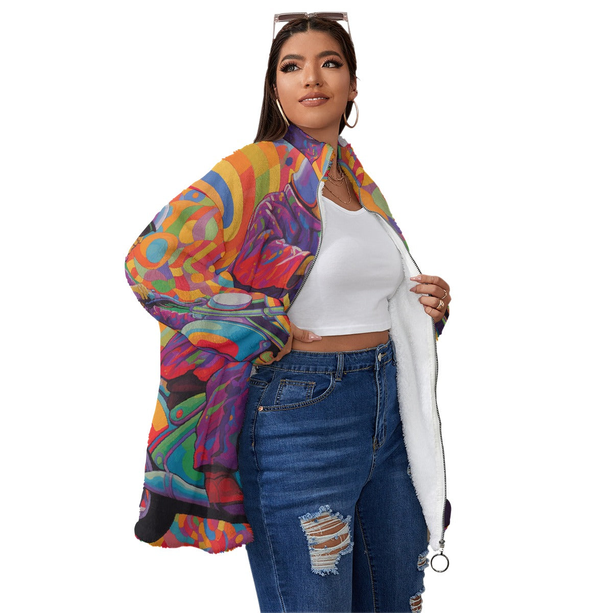 All-Over Print Unisex Borg Fleece Stand-up Collar Coat With Zipper Closure(Plus Size)