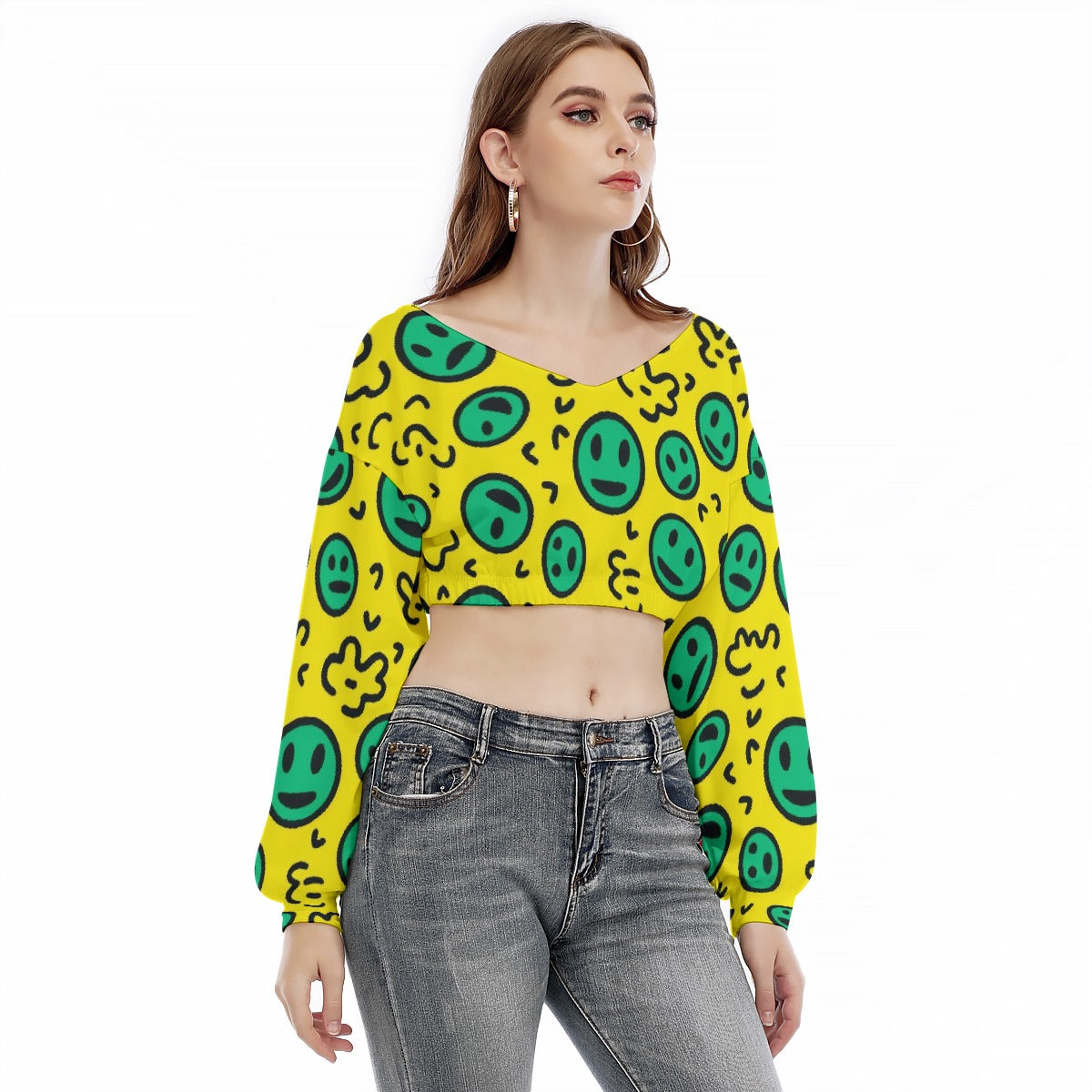 All-Over Print Women's V-neck Long Sleeve Cropped Sweatshirt
