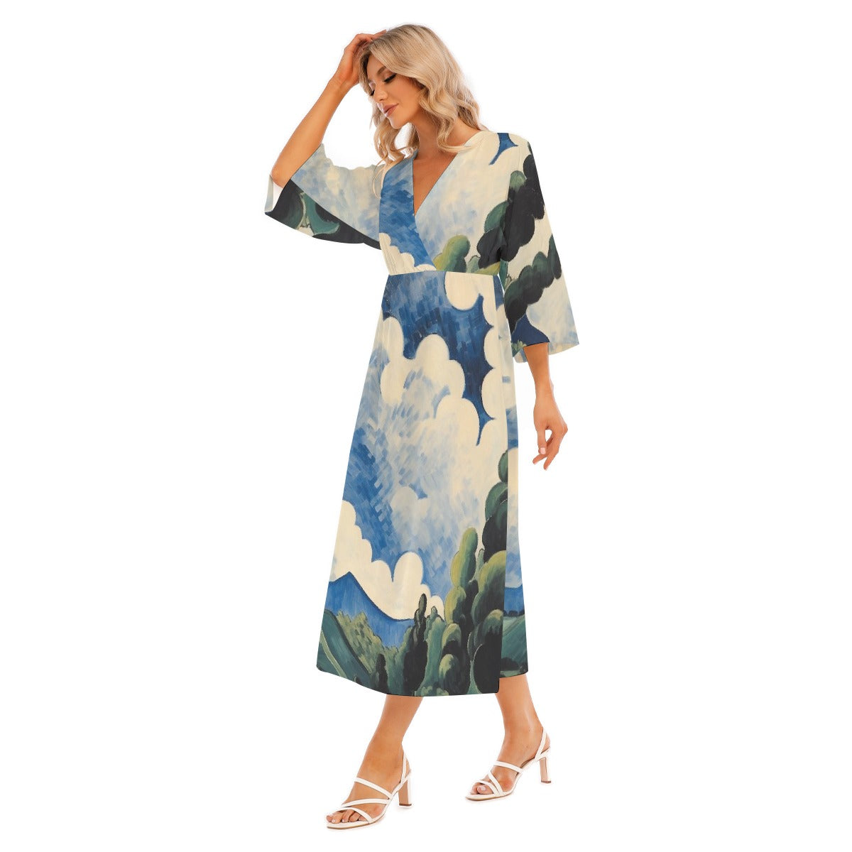 All-Over Print Women's Mid-Sleeve Long Dress