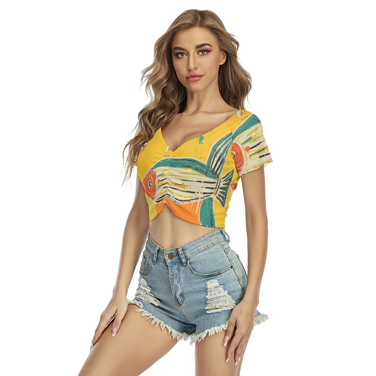 All-Over Print Women's Raglan Drawstring Front  Crop Tee