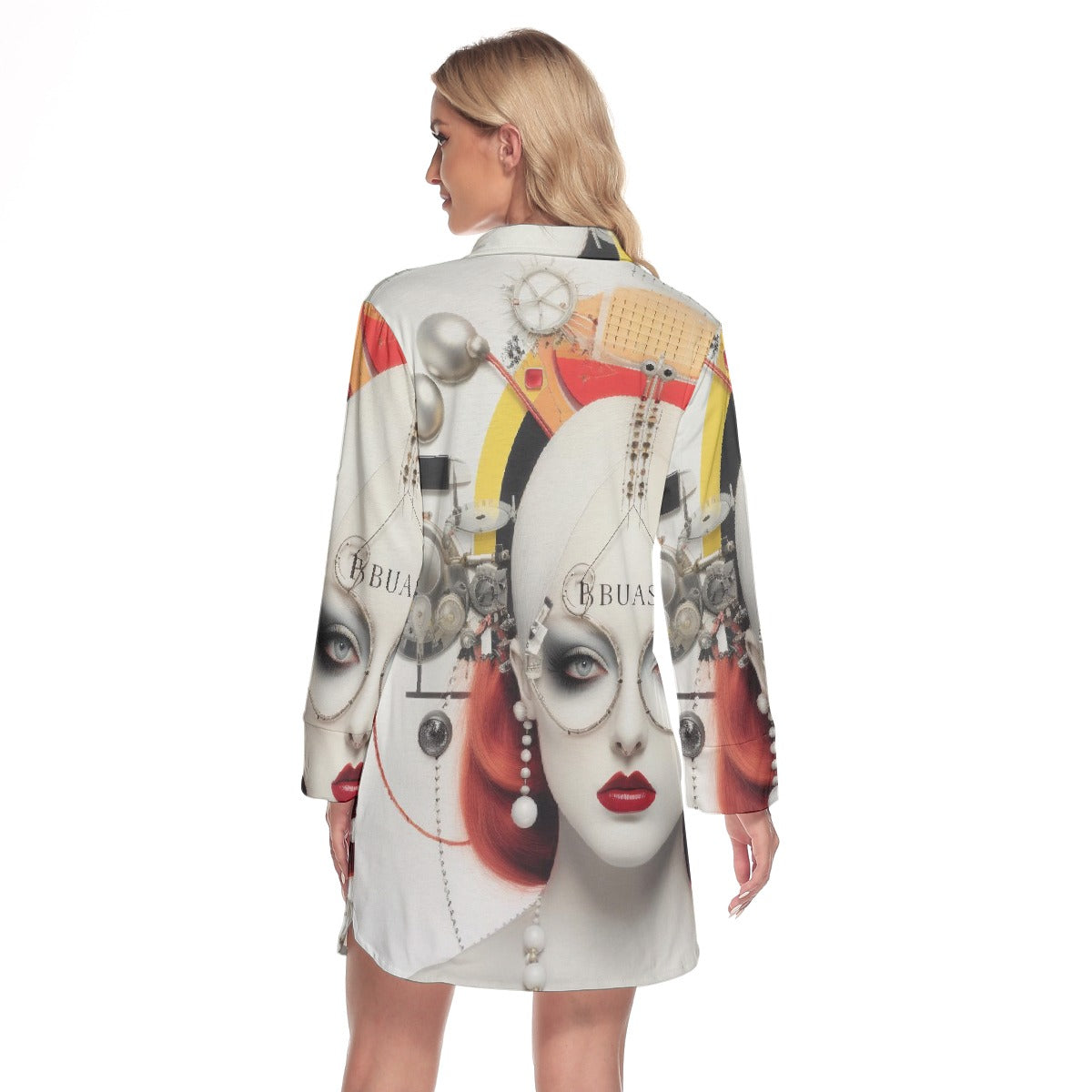 All-Over Print Women's Lapel Shirt Dress With Long Sleeve