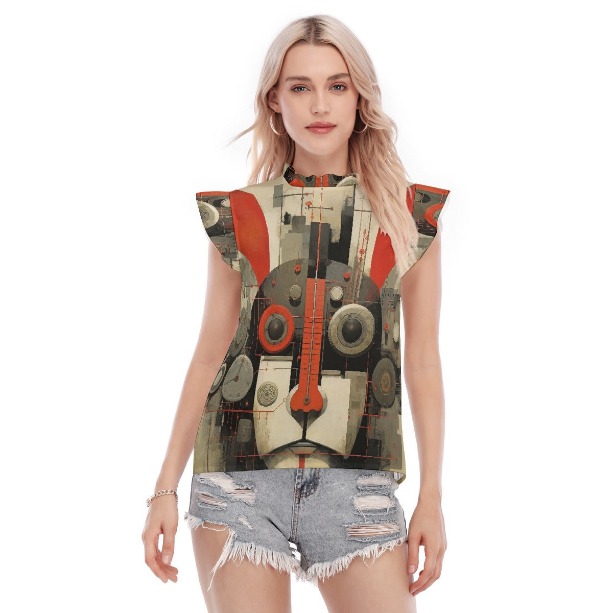 All-Over Print Women's Blouse With Ruffle Collar And Sleeve