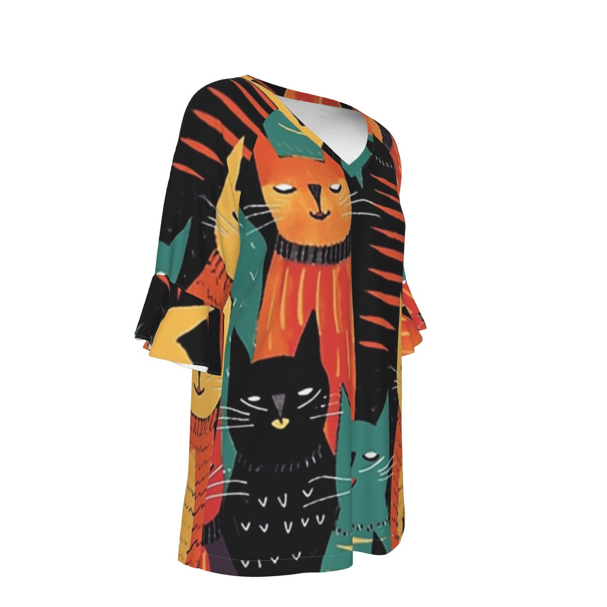 All-Over Print V-neck Women's T-shirt With Bell Sleeve