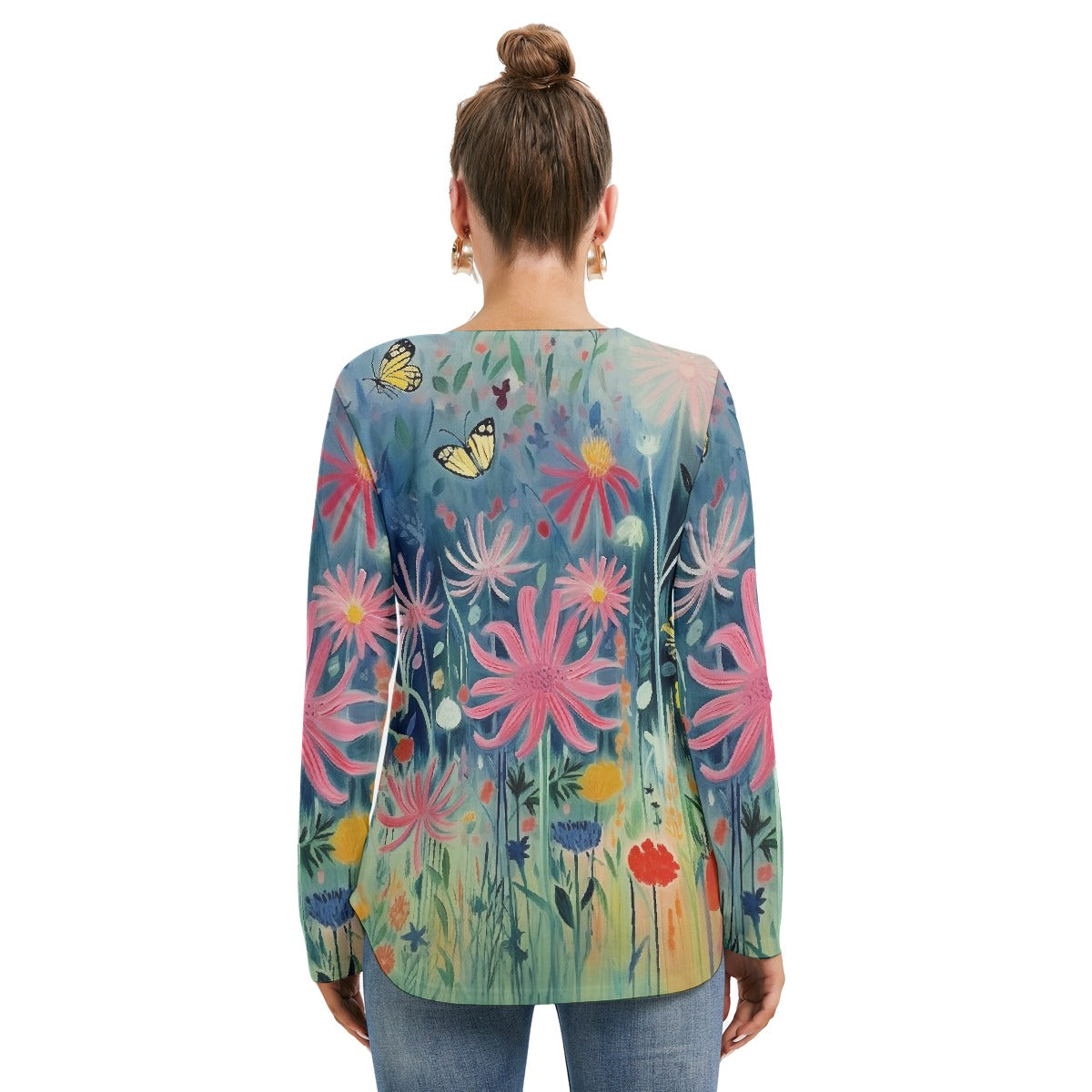 All-Over Print Women's Long Sleeve Neckline Tie Sweatshirt