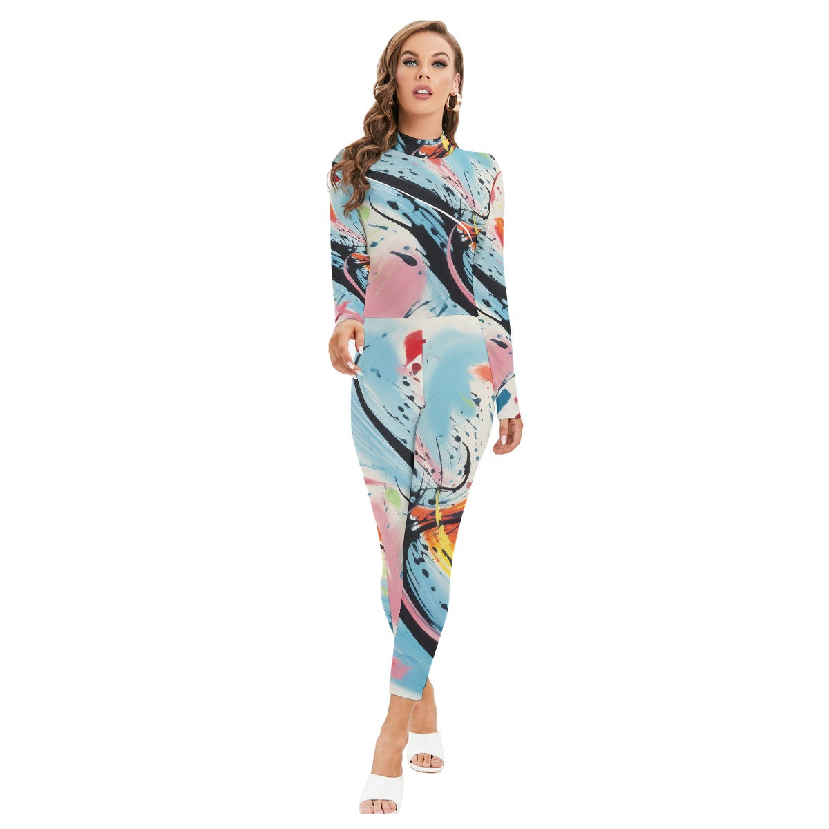 All-Over Print Women's Long-sleeved High-neck Jumpsuit With Zipper