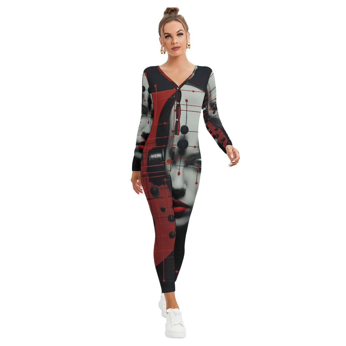 All-Over Print Women's Plunging Neck Jumpsuit