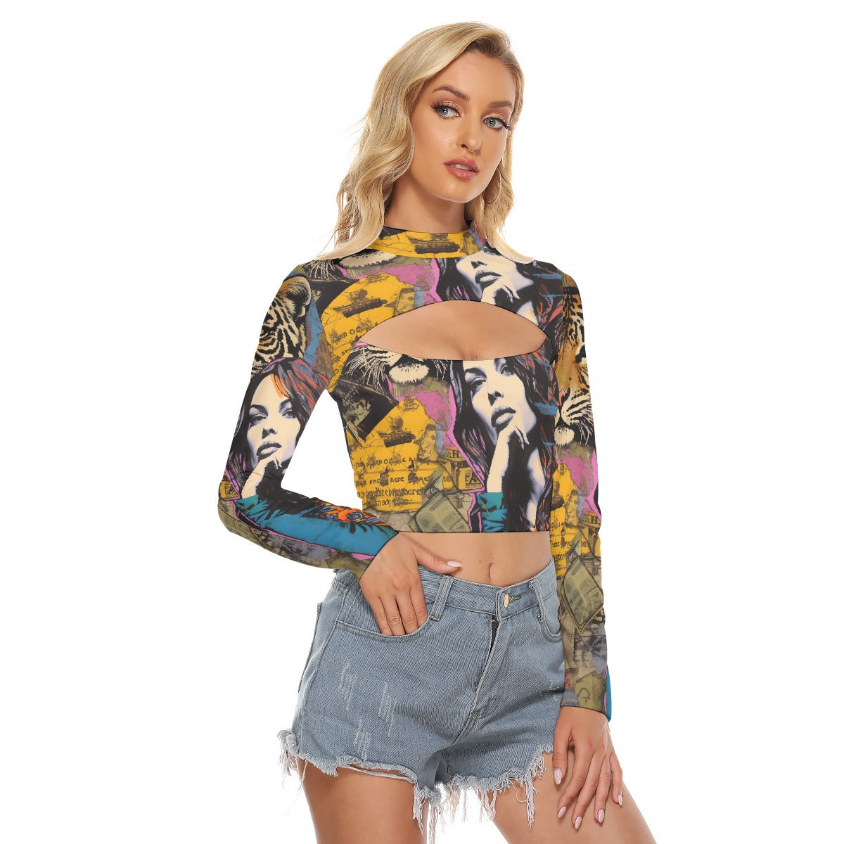 All-Over Print Women's Hollow Chest Keyhole Tight Crop Top