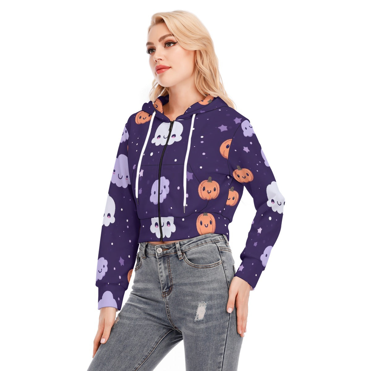 All-Over Print Women's Crop Top Hoodie With Zipper Closure