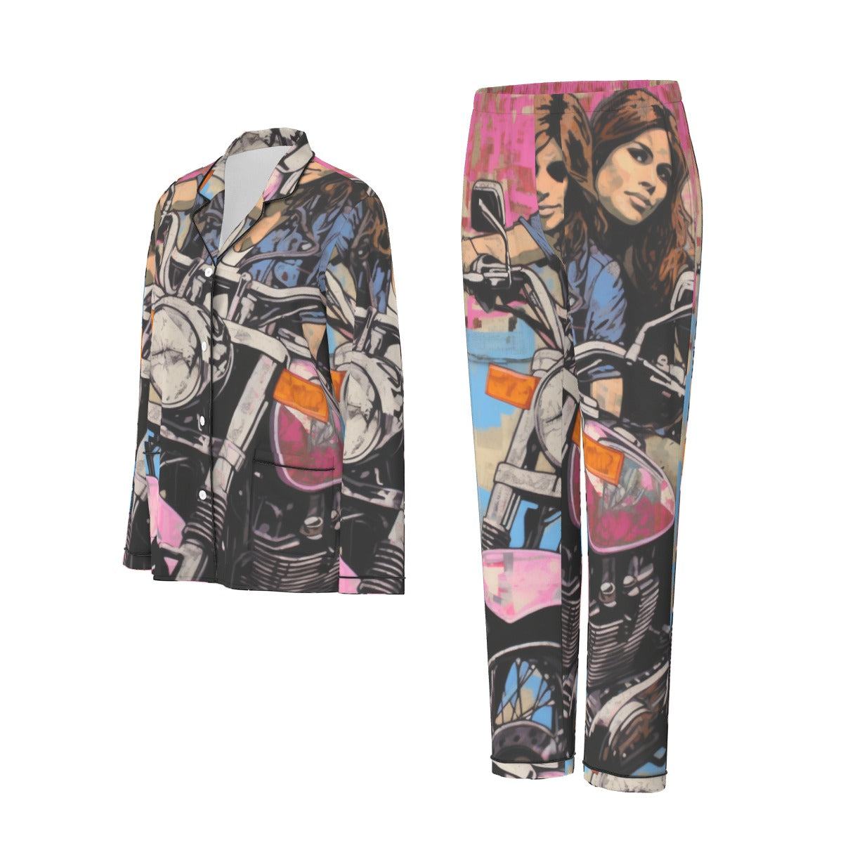 All-Over Print Women's Long Sleeve Pajama Set With Black Contrast Piping