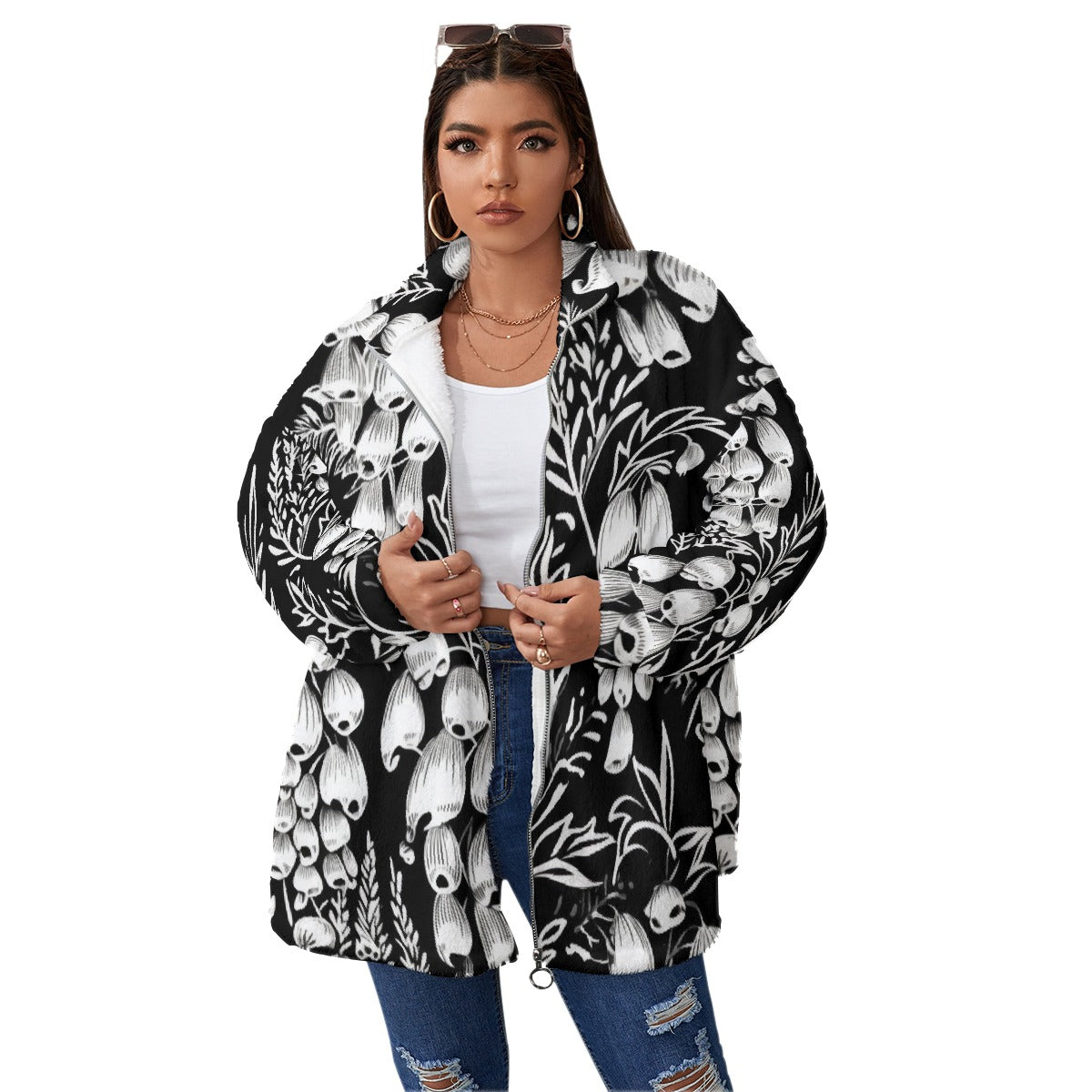 All-Over Print Unisex Borg Fleece Stand-up Collar Coat With Zipper Closure(Plus Size)