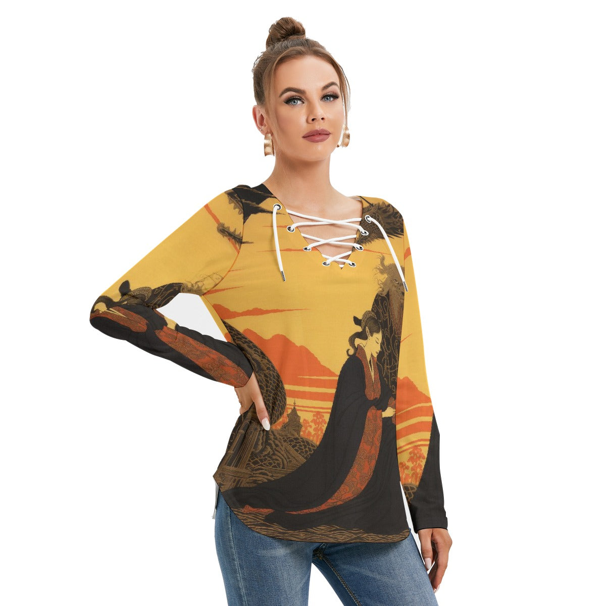 All-Over Print Women's Long Sleeve Neckline Tie Sweatshirt
