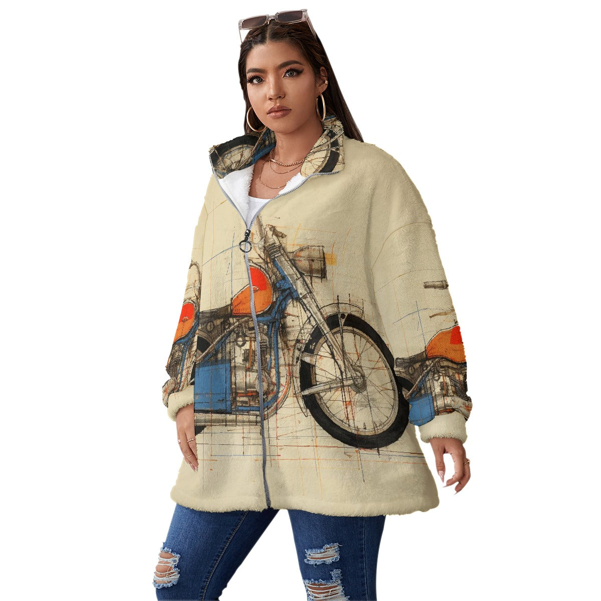 All-Over Print Unisex Borg Fleece Stand-up Collar Coat With Zipper Closure(Plus Size)