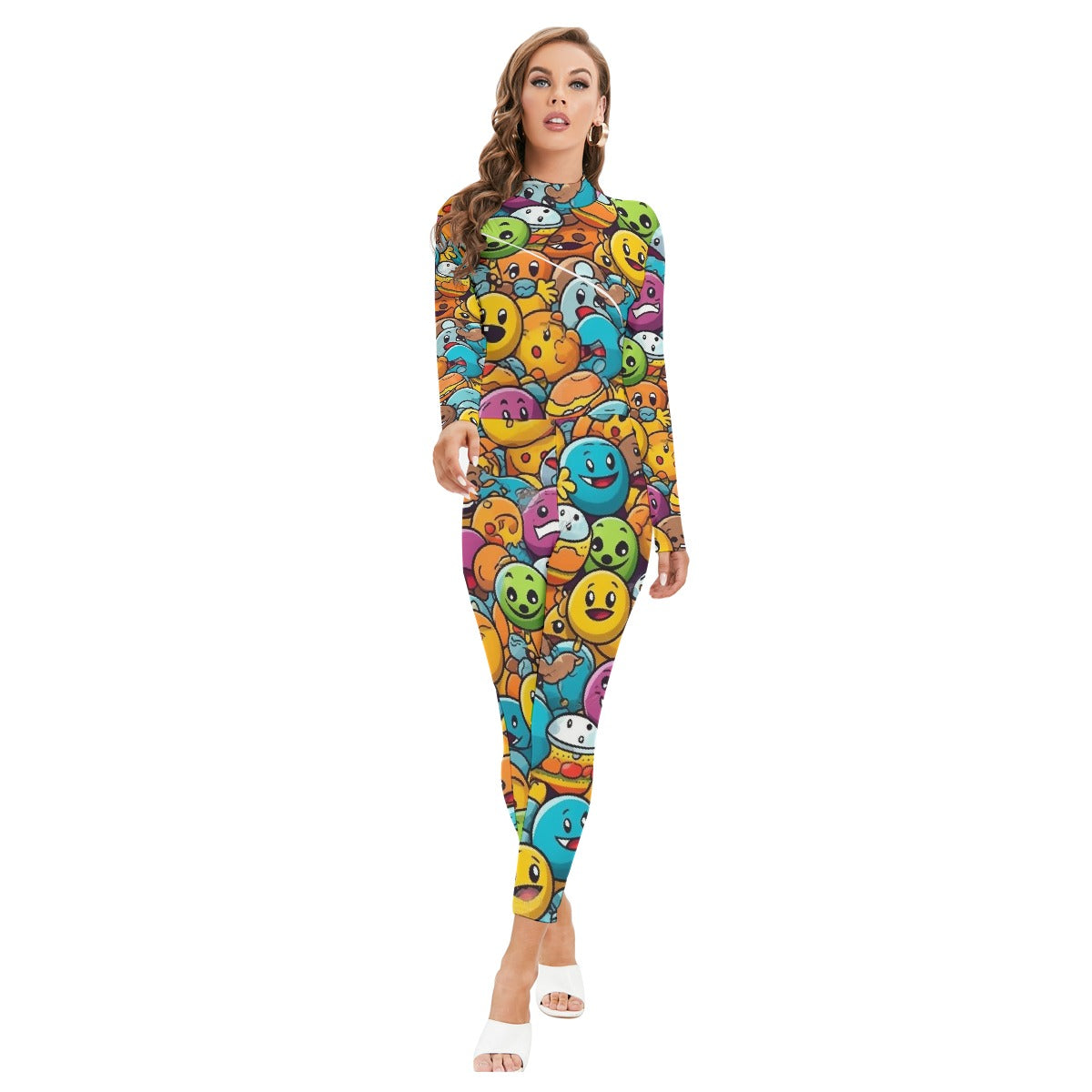 All-Over Print Women's Long-sleeved High-neck Jumpsuit With Zipper