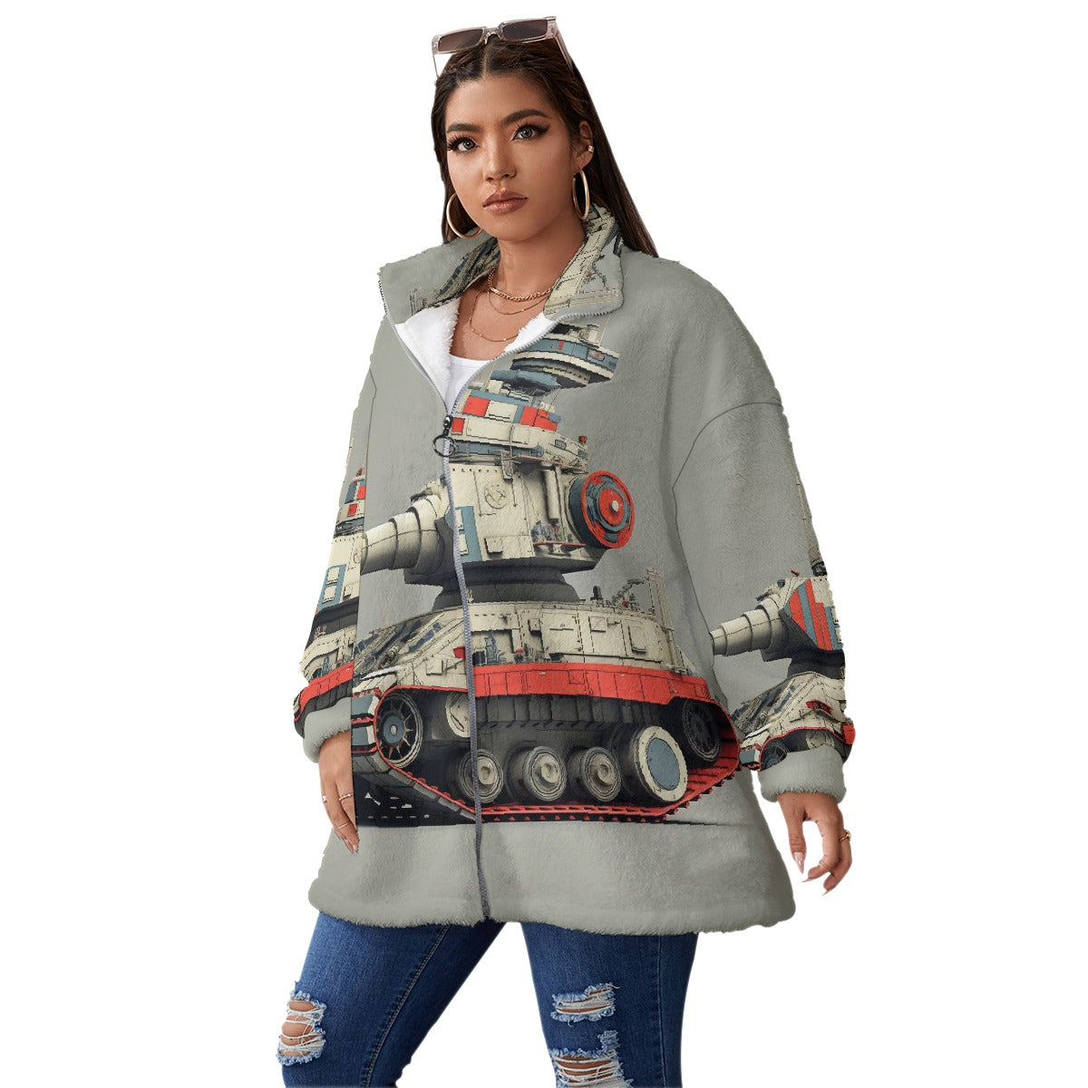 All-Over Print Unisex Borg Fleece Stand-up Collar Coat With Zipper Closure(Plus Size)
