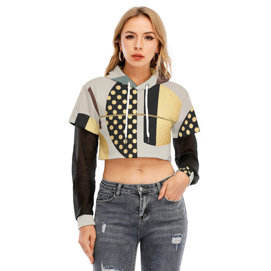 All-Over Print Women's Fake Two-piece Mesh Sleeve Cropped Hoodie