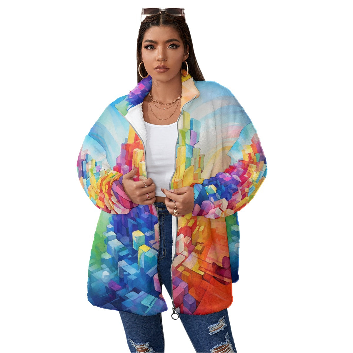 All-Over Print Unisex Borg Fleece Stand-up Collar Coat With Zipper Closure(Plus Size)