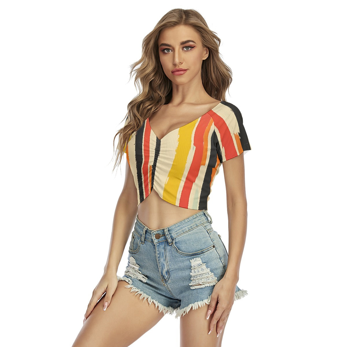 All-Over Print Women's Raglan Drawstring Front  Crop Tee