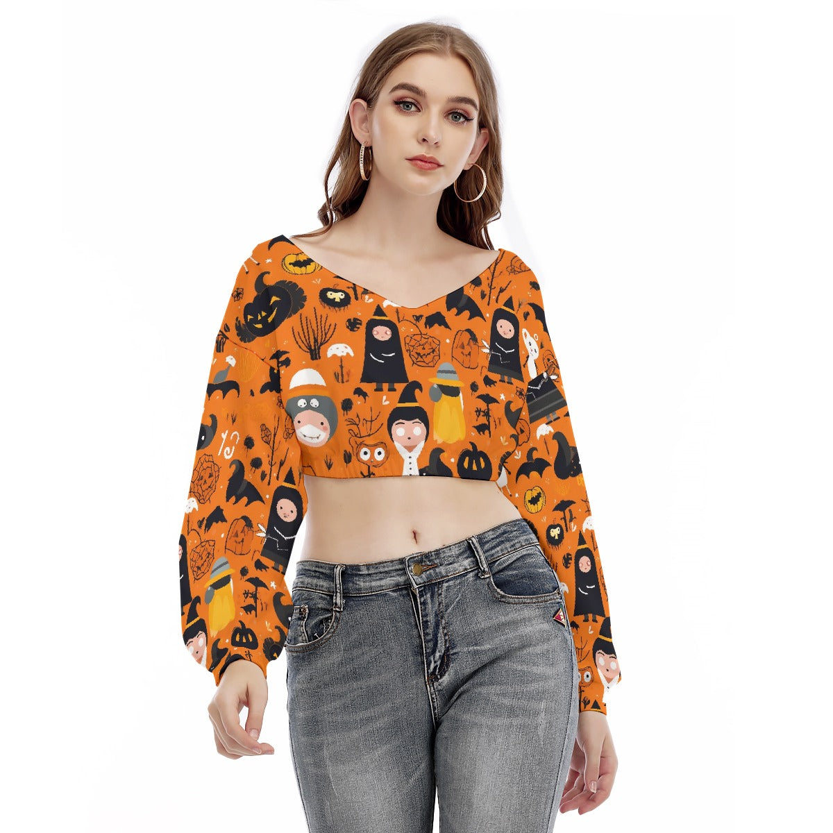 All-Over Print Women's V-neck Long Sleeve Cropped Sweatshirt