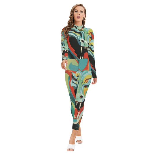All-Over Print Women's Long-sleeved High-neck Jumpsuit With Zipper