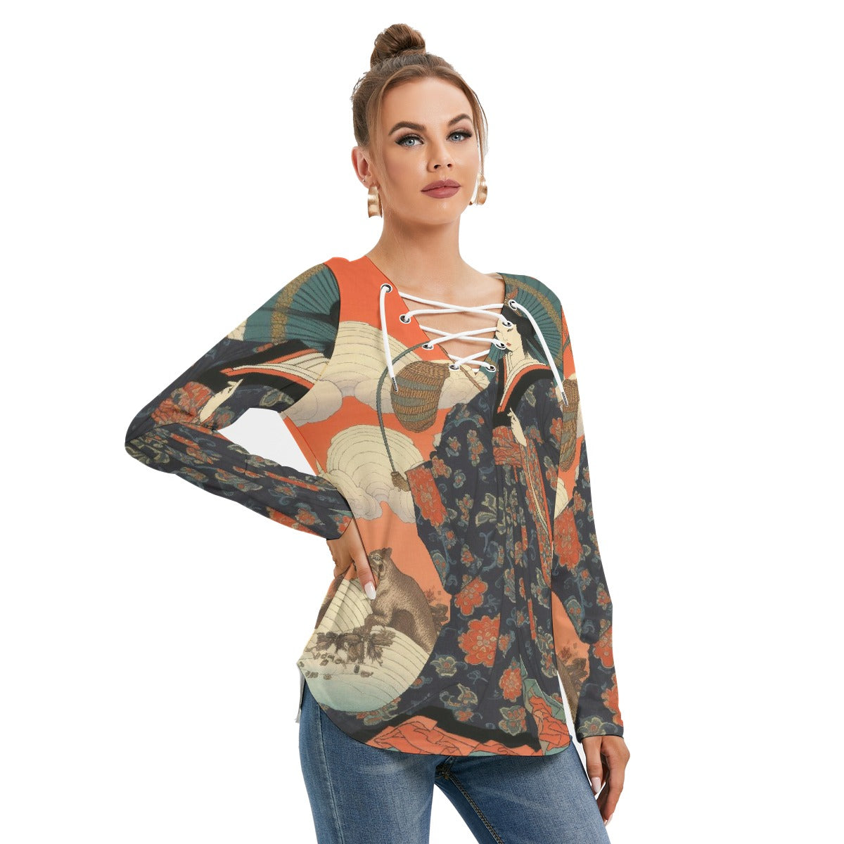 All-Over Print Women's Long Sleeve Neckline Tie Sweatshirt
