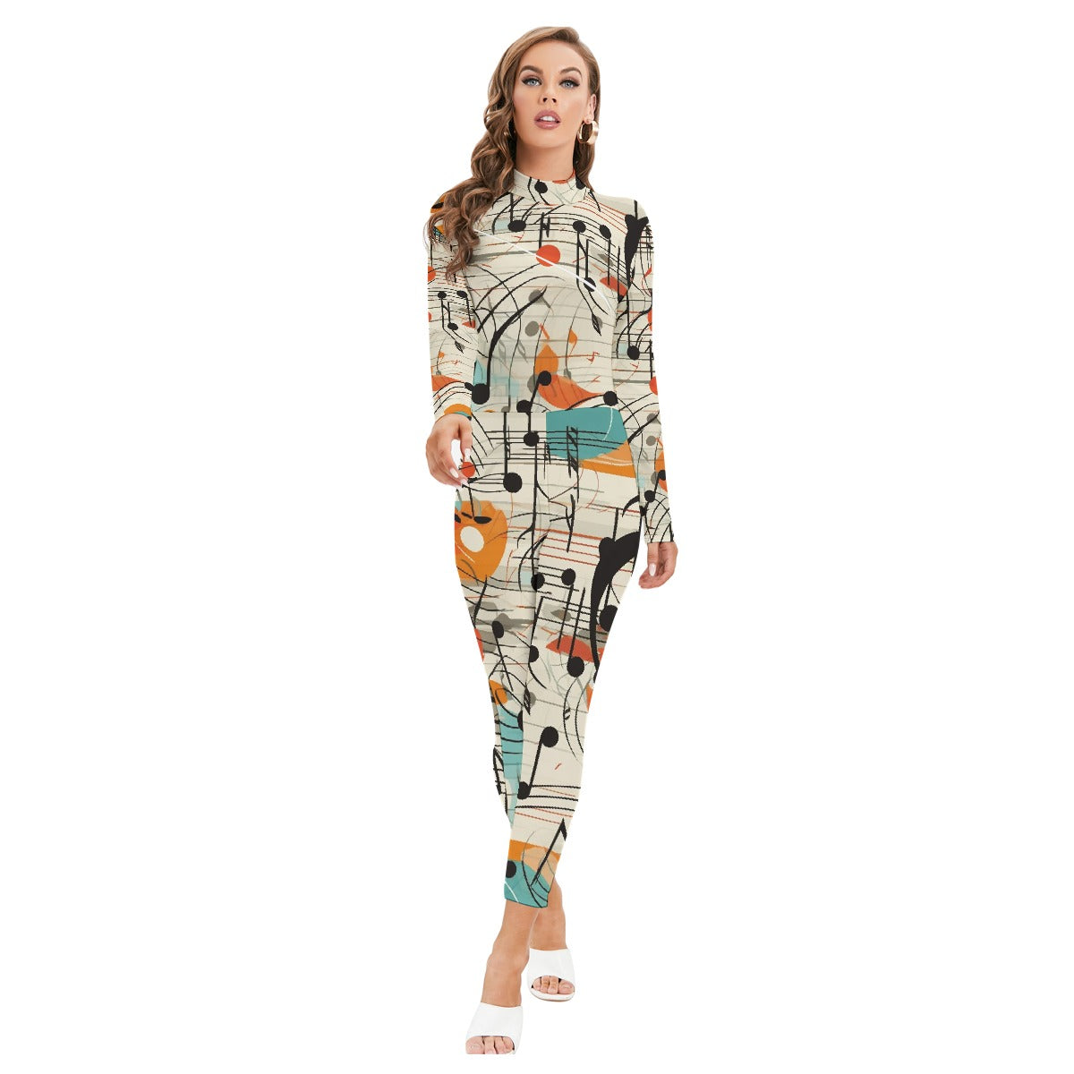 All-Over Print Women's Long-sleeved High-neck Jumpsuit With Zipper