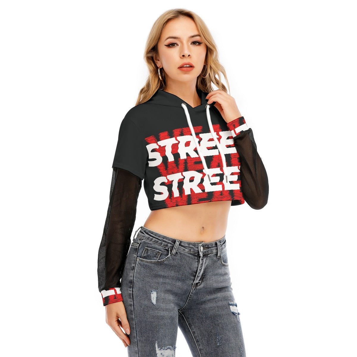 All-Over Print Women's Fake Two-piece Mesh Sleeve Cropped Hoodie