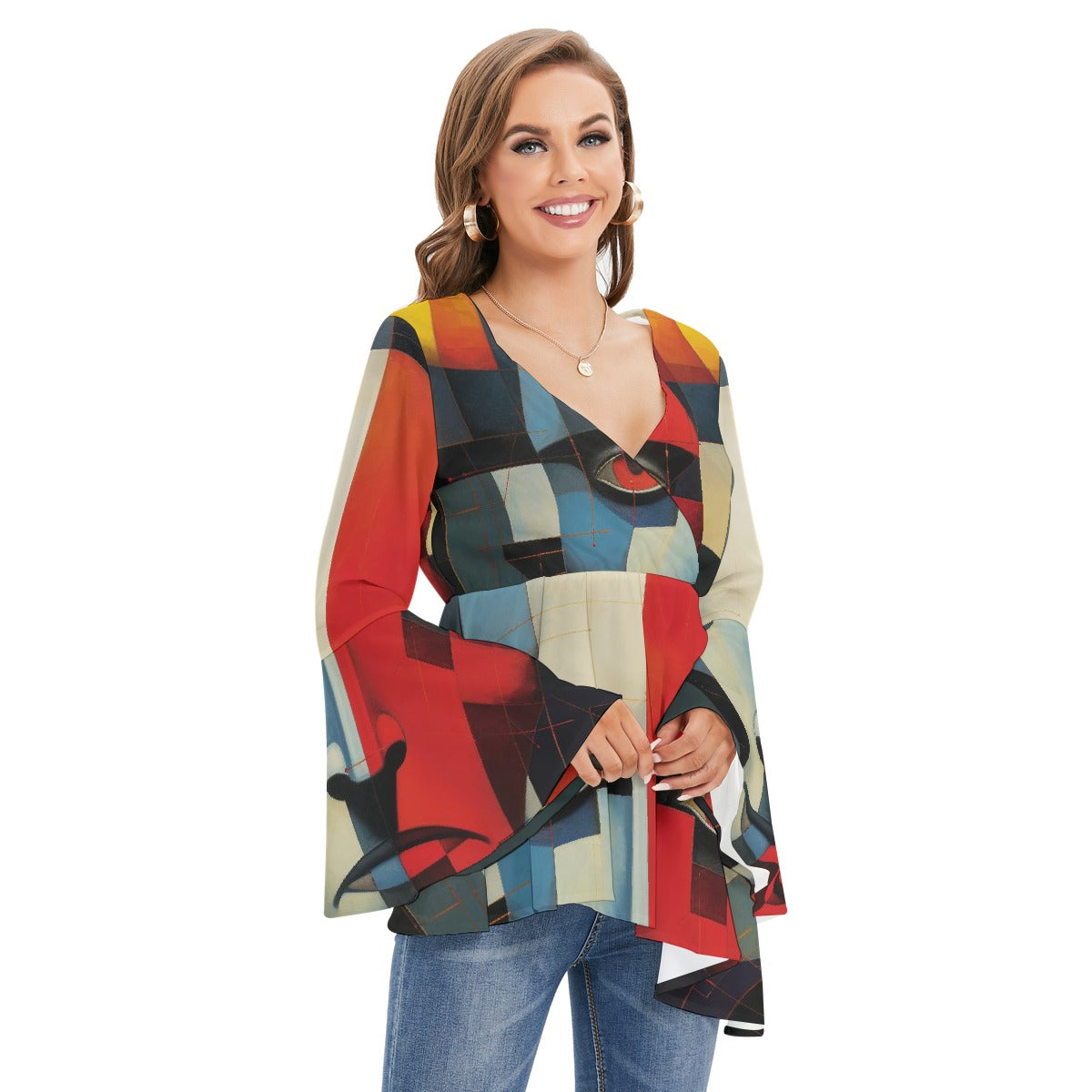 All-Over Print Women's V-neck Blouse With Flared Sleeves