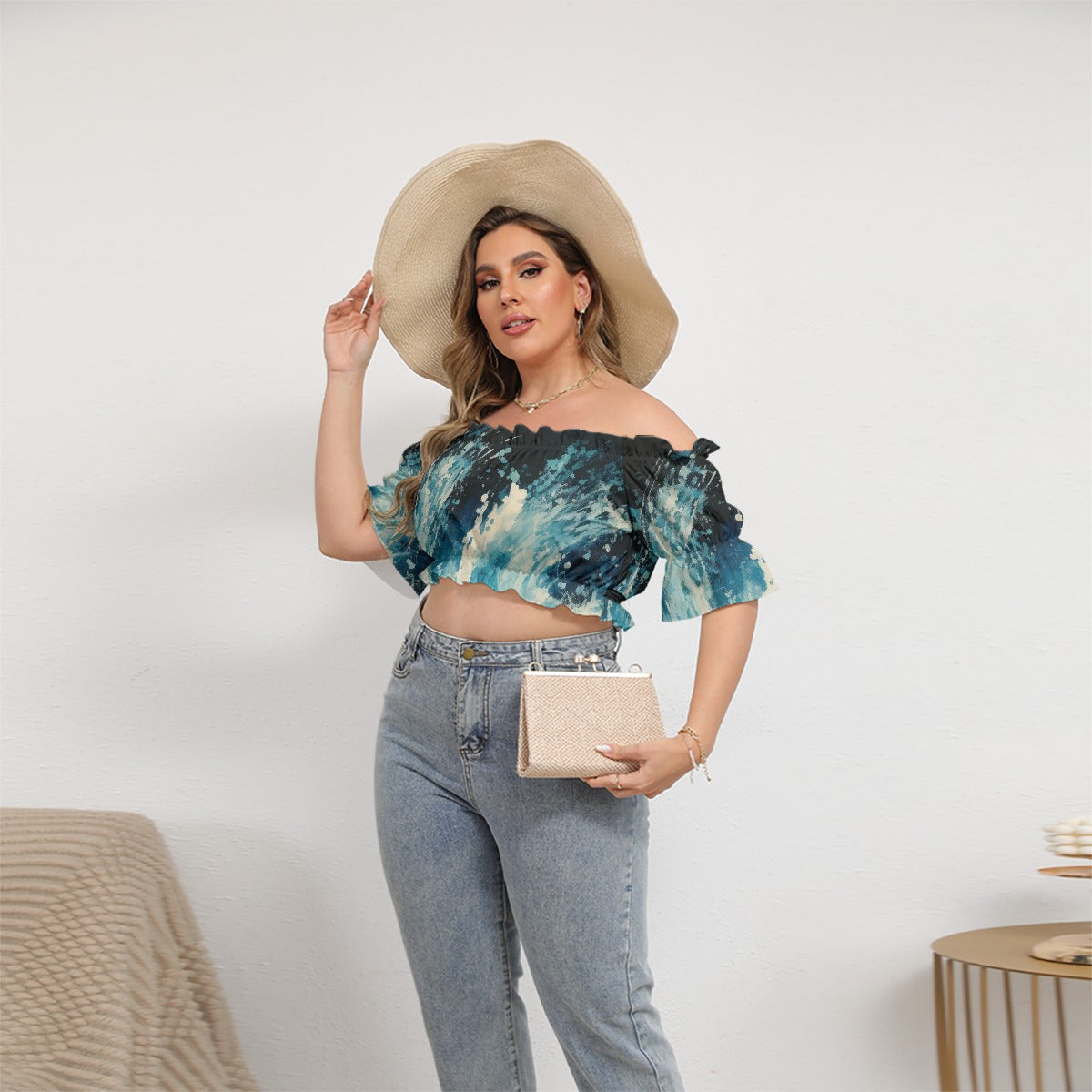 All-Over Print Women's Off-shoulder Cropped Top With Short Puff Sleeve