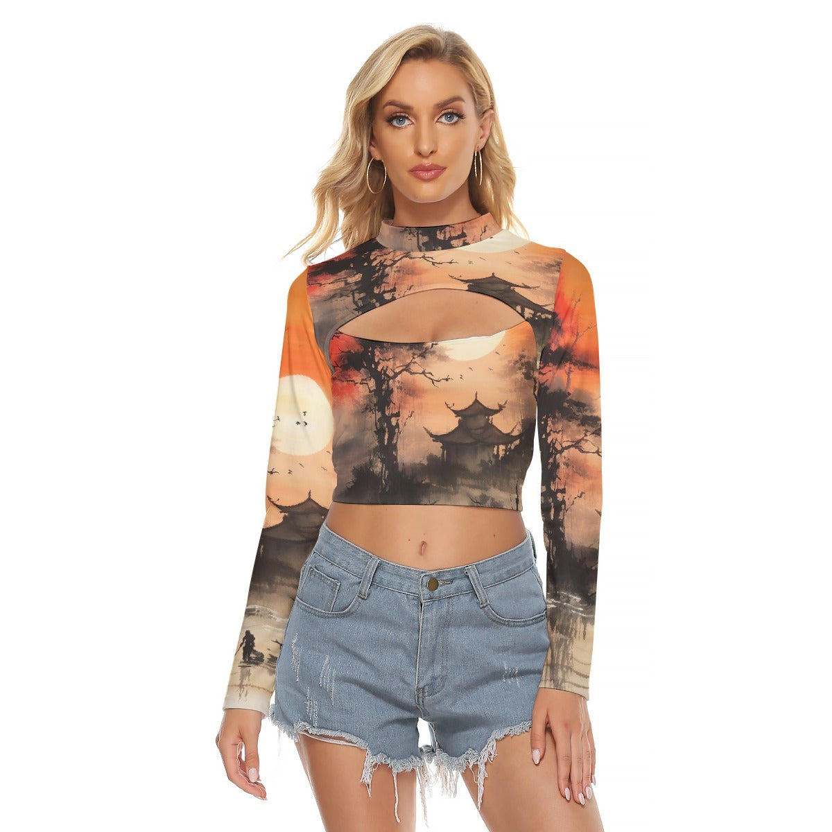 All-Over Print Women's Hollow Chest Keyhole Tight Crop Top
