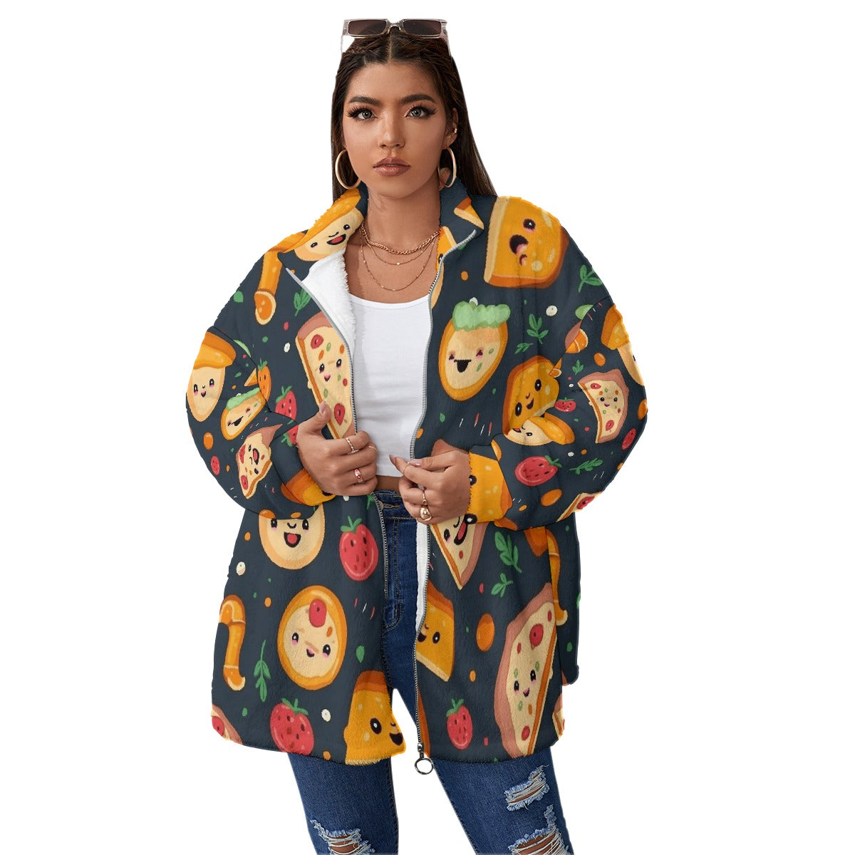 All-Over Print Unisex Borg Fleece Stand-up Collar Coat With Zipper Closure(Plus Size)