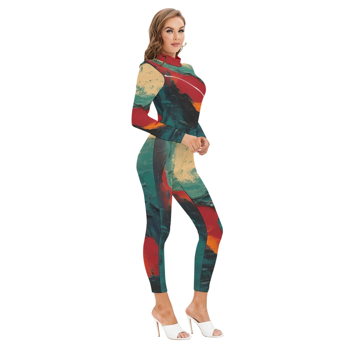 All-Over Print Women's Long-sleeved High-neck Jumpsuit With Zipper