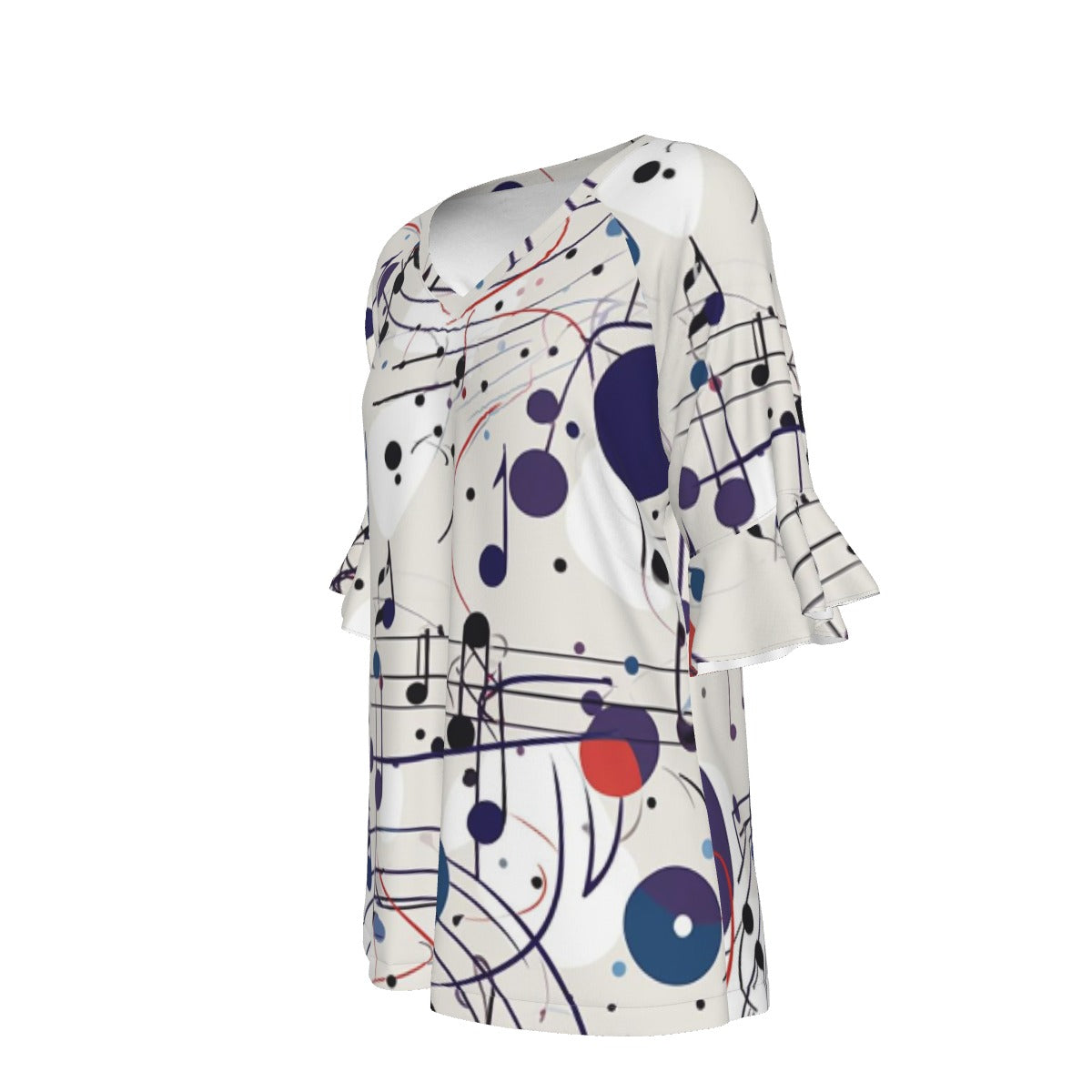 All-Over Print V-neck Women's T-shirt With Bell Sleeve