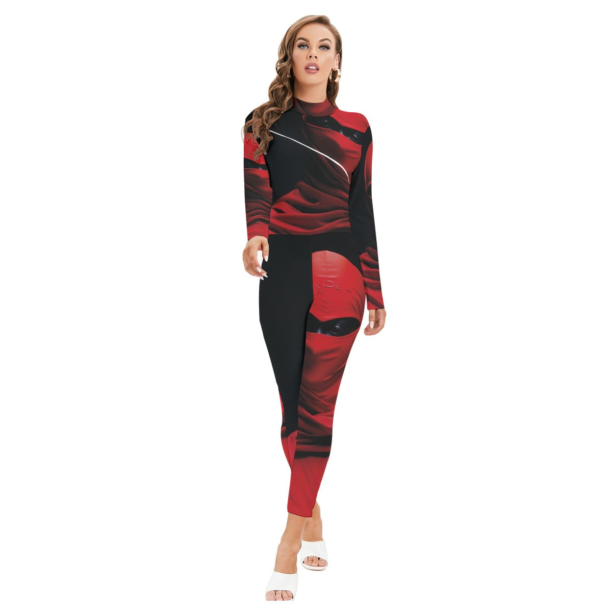 All-Over Print Women's Long-sleeved High-neck Jumpsuit With Zipper