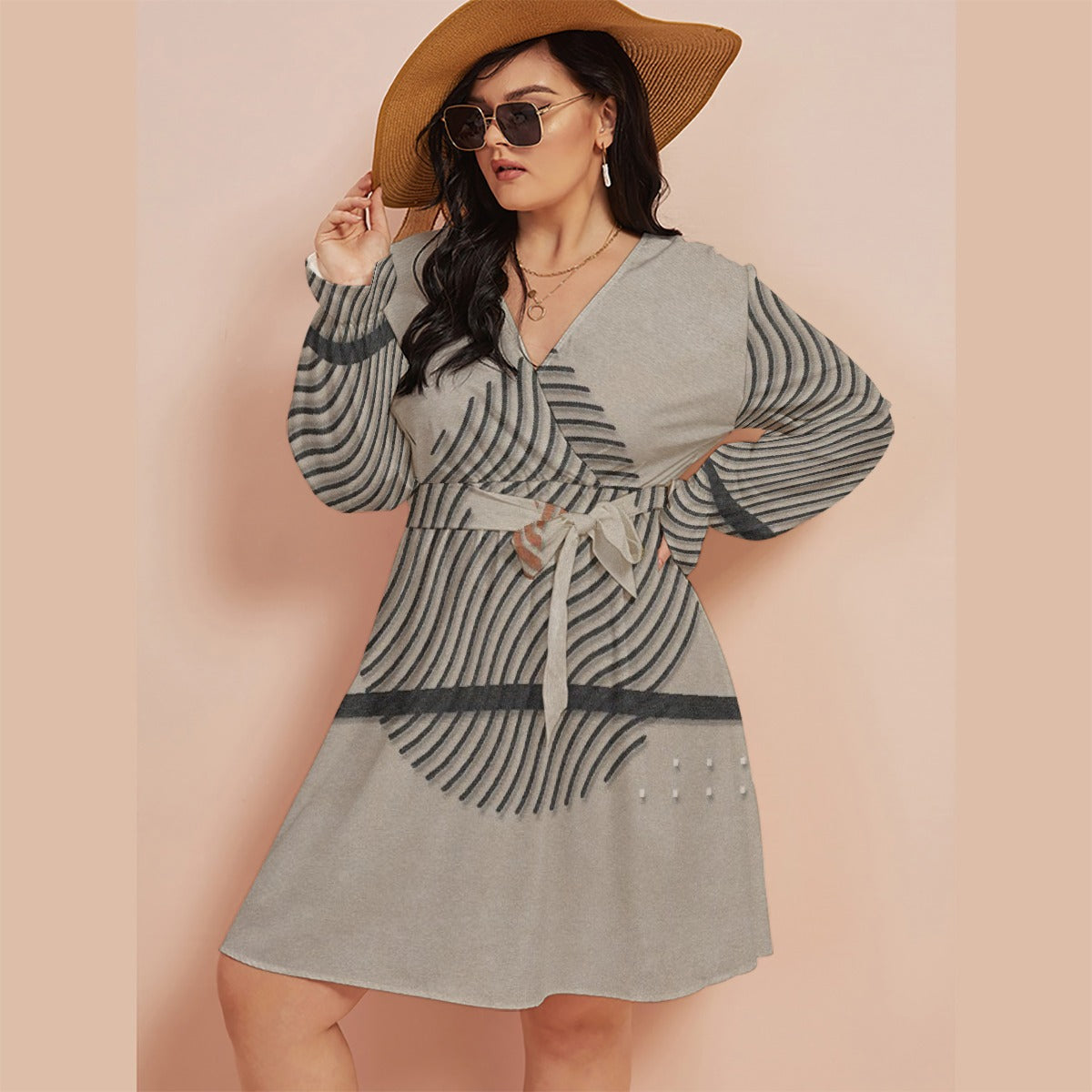 All-Over Print Women's V-neck Dress With Waistband(Plus Size)