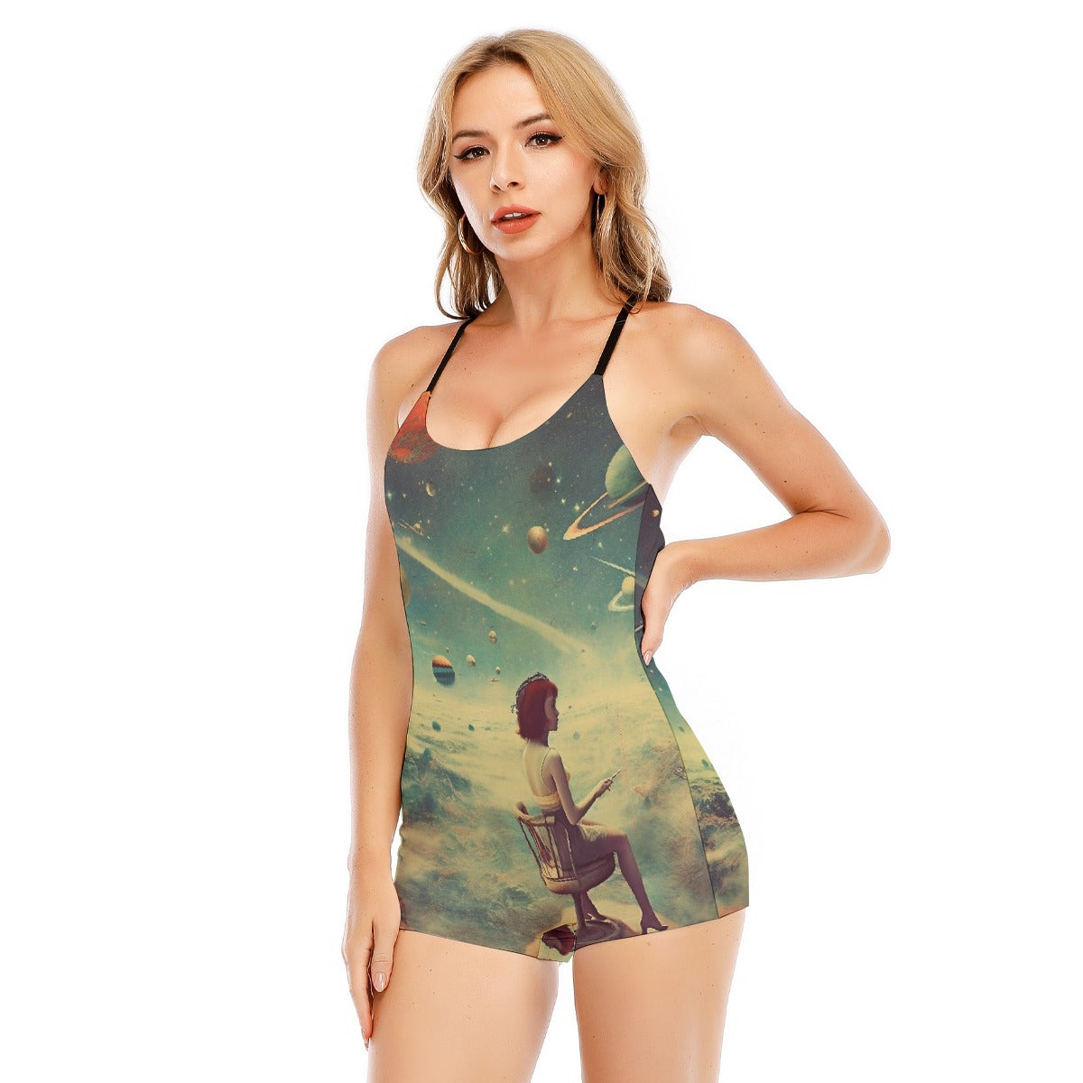 All-Over Print Women's Backless Romper With Black Straps