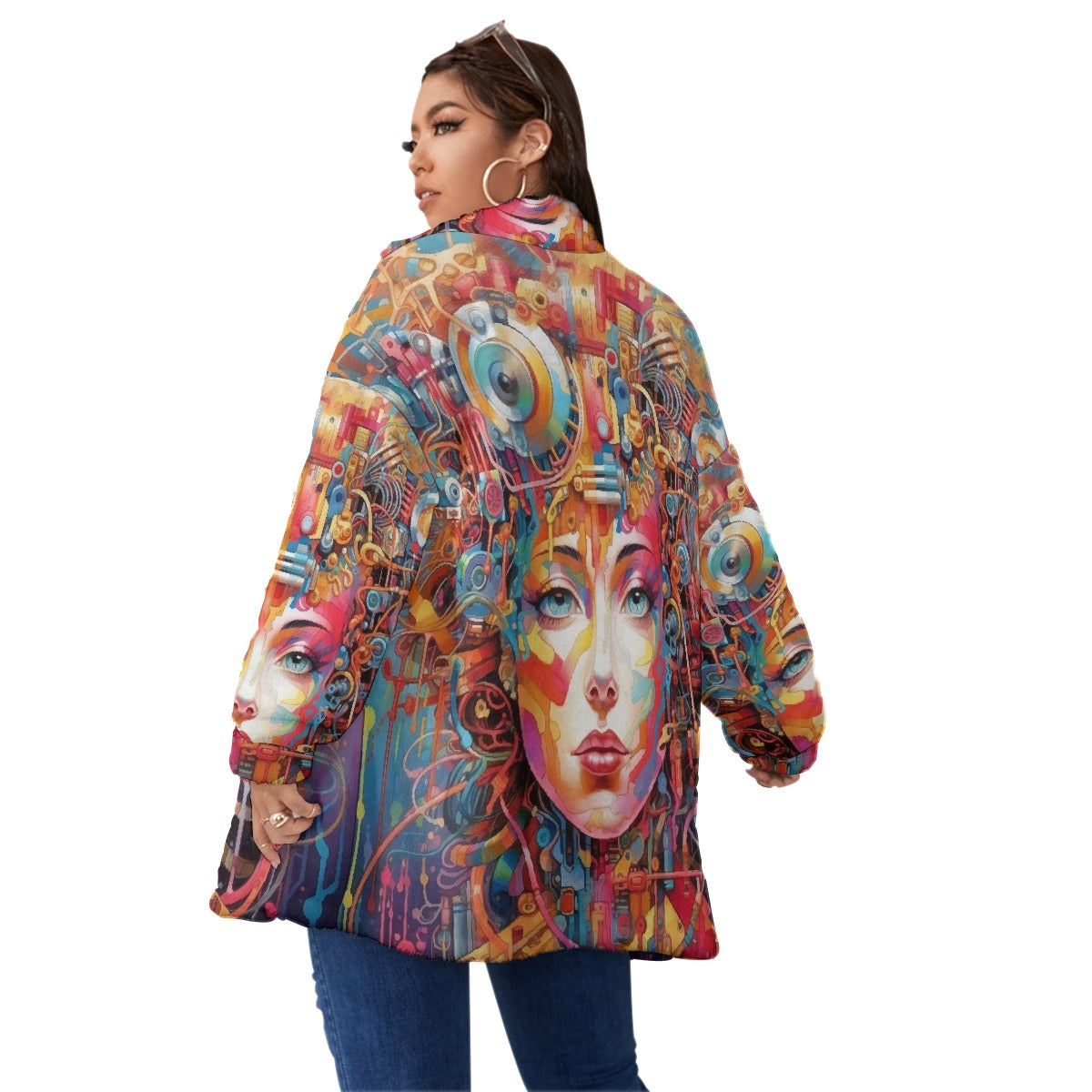 All-Over Print Unisex Borg Fleece Stand-up Collar Coat With Zipper Closure(Plus Size)