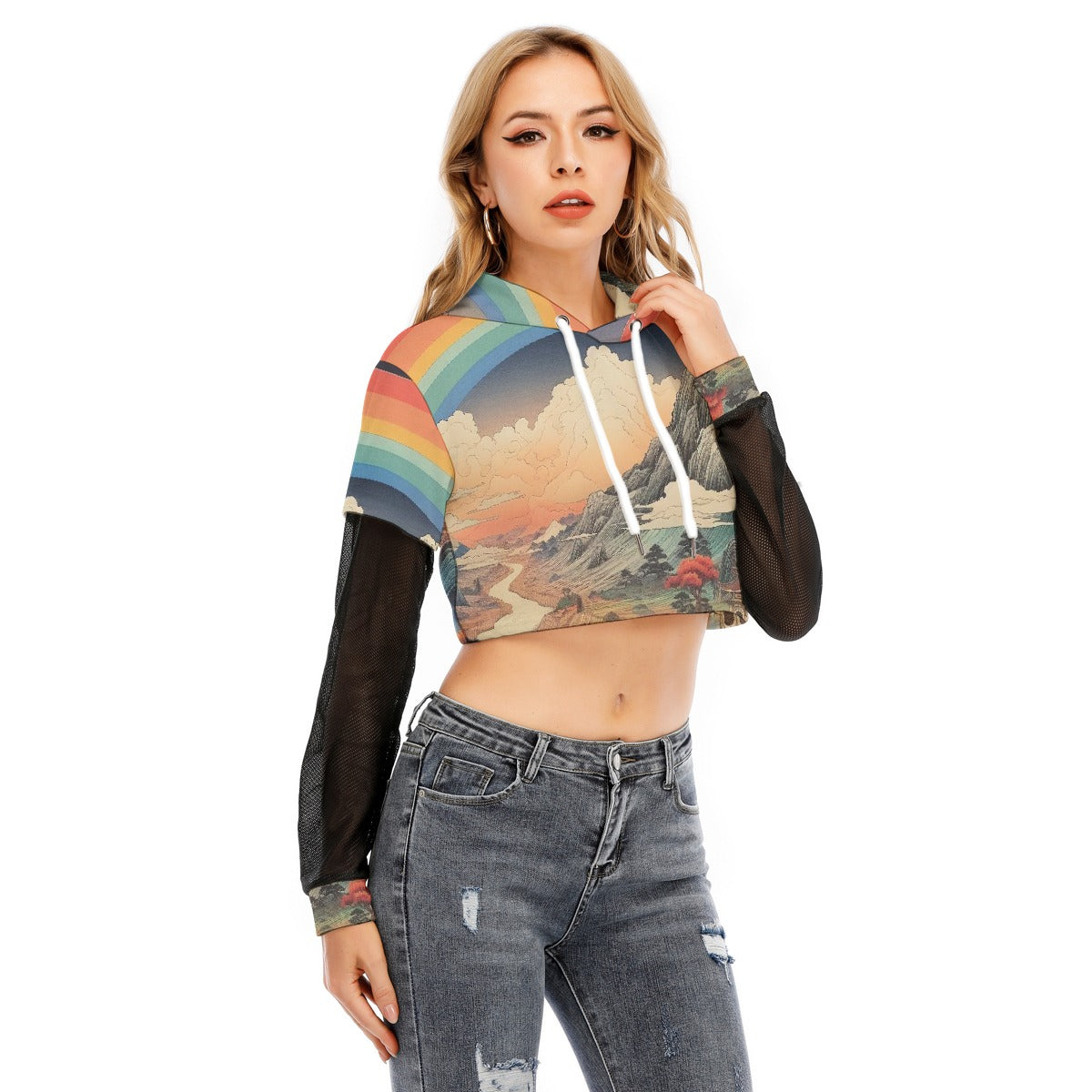 All-Over Print Women's Fake Two-piece Mesh Sleeve Cropped Hoodie
