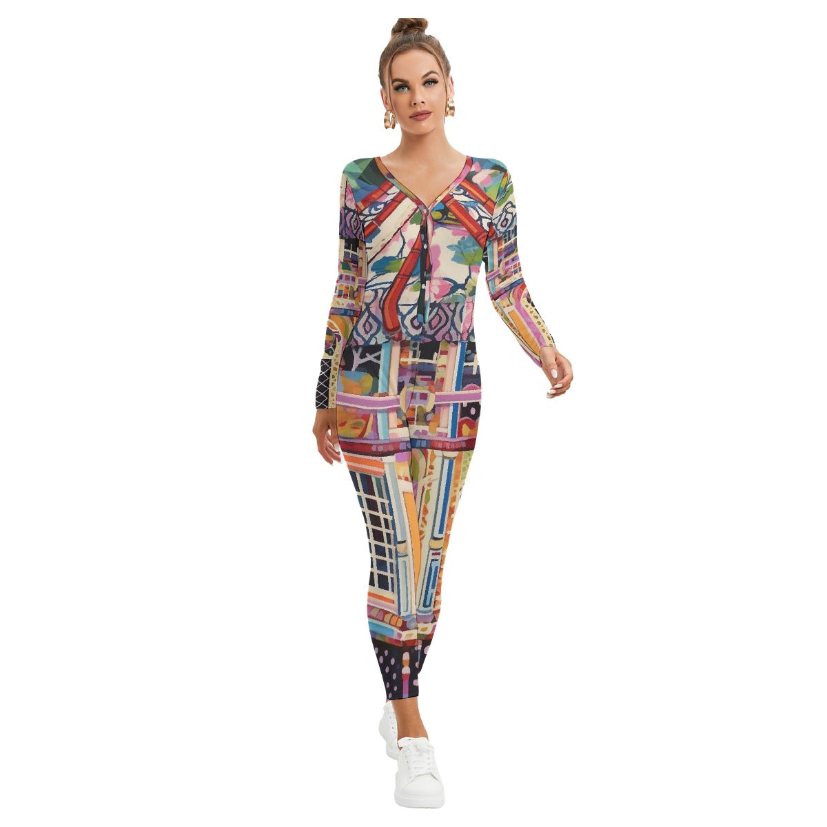 All-Over Print Women's Plunging Neck Jumpsuit