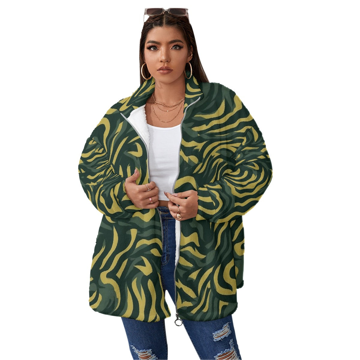 All-Over Print Unisex Borg Fleece Stand-up Collar Coat With Zipper Closure(Plus Size)