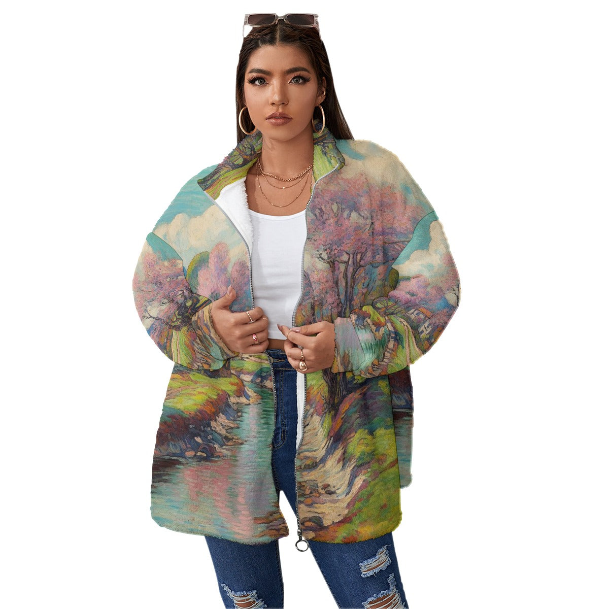 All-Over Print Unisex Borg Fleece Stand-up Collar Coat With Zipper Closure(Plus Size)
