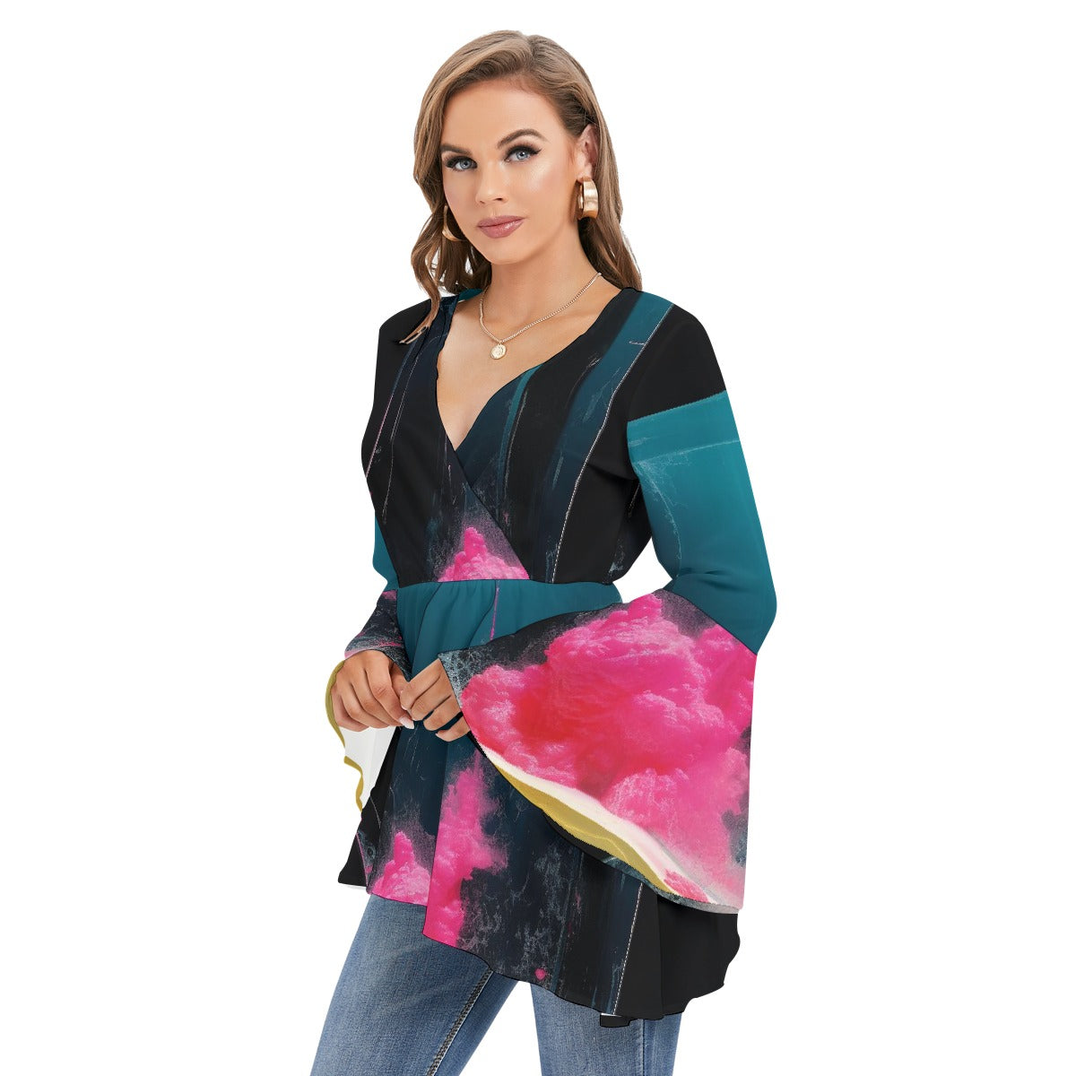All-Over Print Women's V-neck Blouse With Flared Sleeves