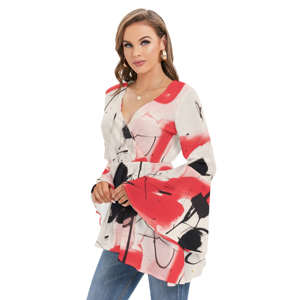 All-Over Print Women's V-neck Blouse With Flared Sleeves