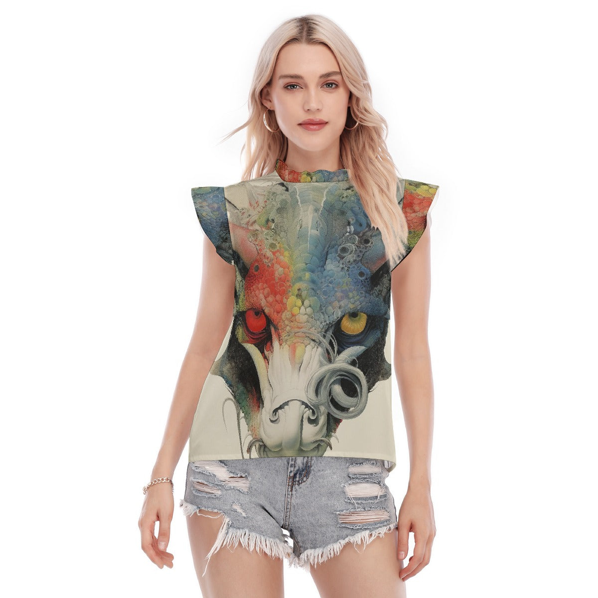 All-Over Print Women's Blouse With Ruffle Collar And Sleeve