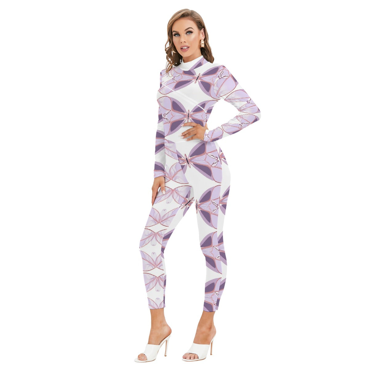 All-Over Print Women's Long-sleeved High-neck Jumpsuit With Zipper