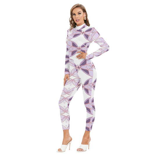 All-Over Print Women's Long-sleeved High-neck Jumpsuit With Zipper