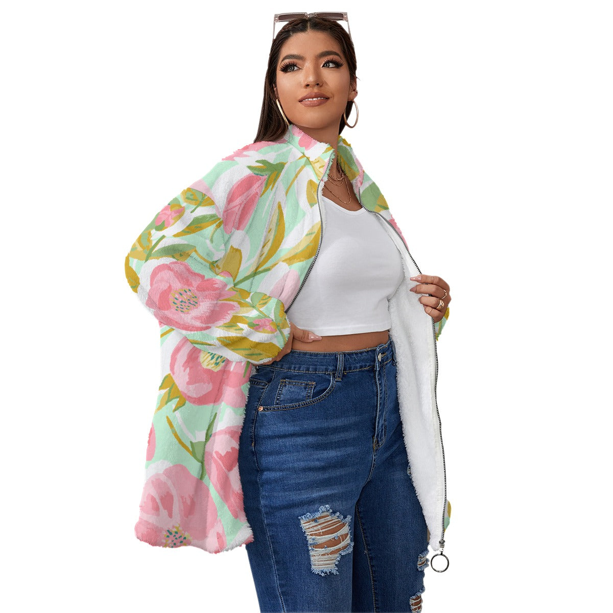 All-Over Print Unisex Borg Fleece Stand-up Collar Coat With Zipper Closure(Plus Size)