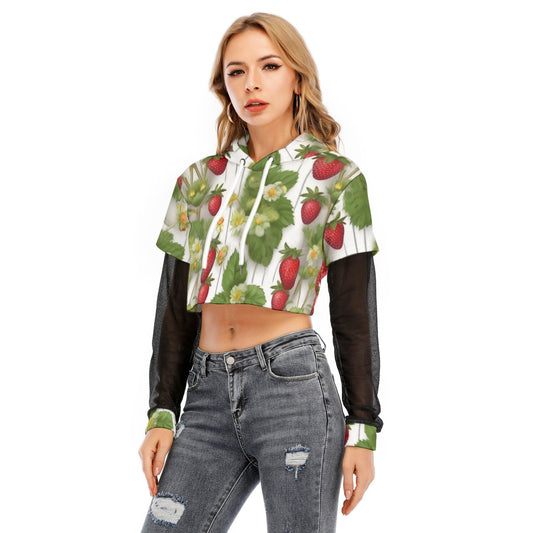 All-Over Print Women's Fake Two-piece Mesh Sleeve Cropped Hoodie