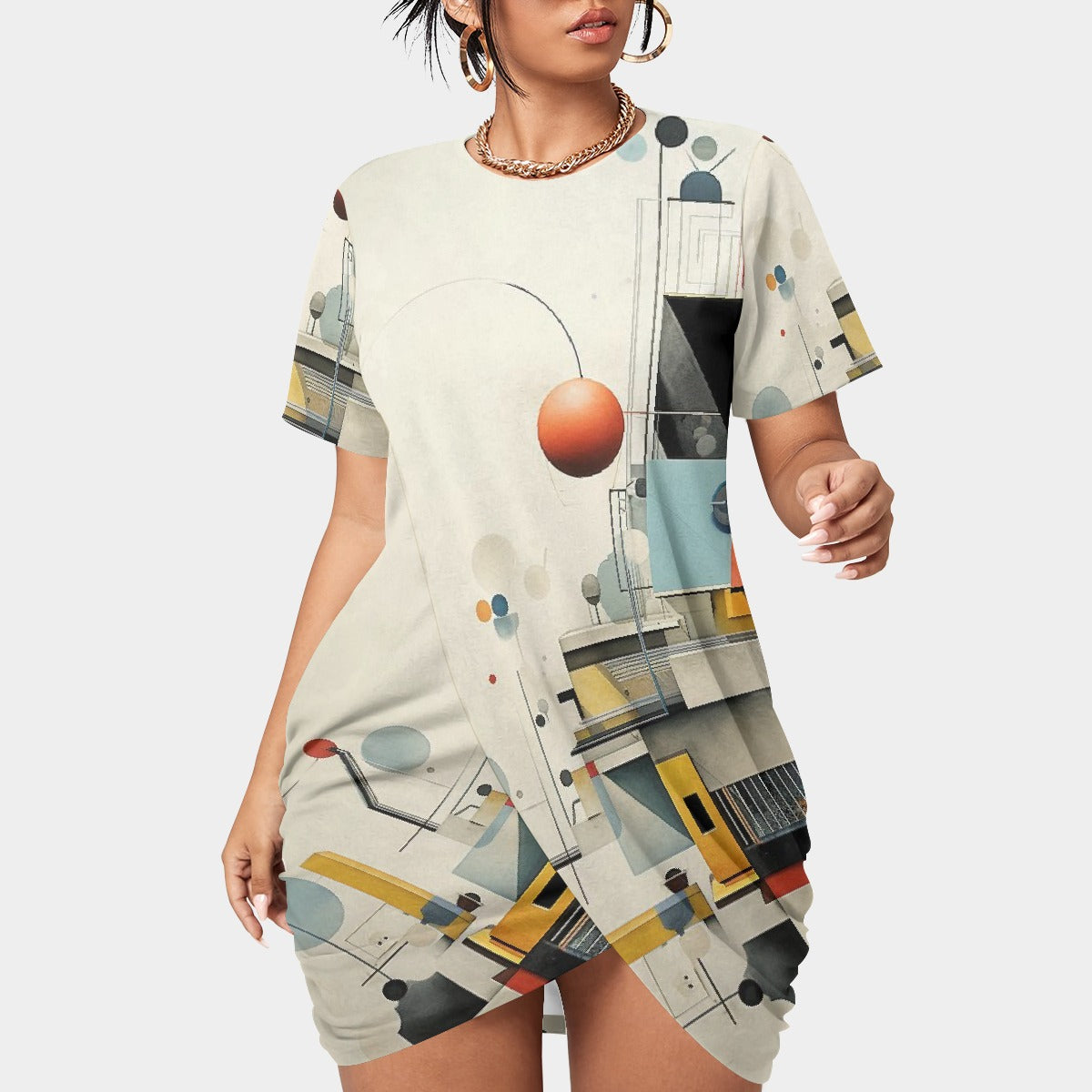All-Over Print Women’s Stacked Hem Dress With Short Sleeve（Plus Size）