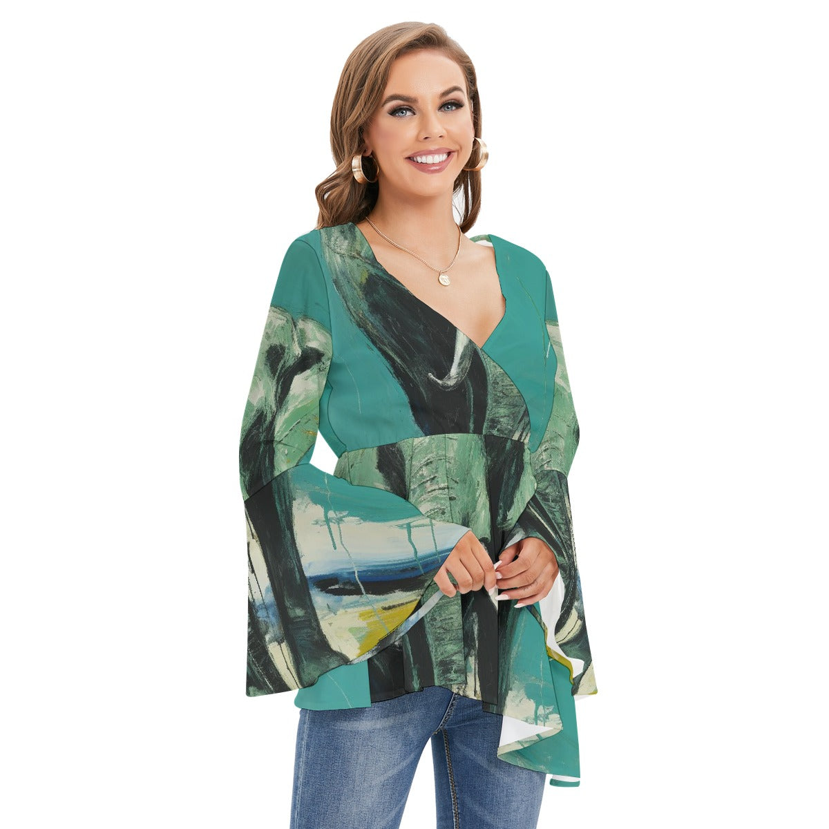 All-Over Print Women's V-neck Blouse With Flared Sleeves