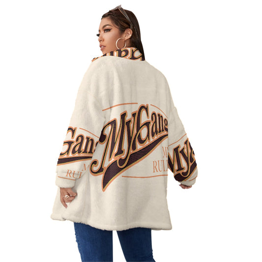 All-Over Print Unisex Borg Fleece Stand-up Collar Coat With Zipper Closure(Plus Size)